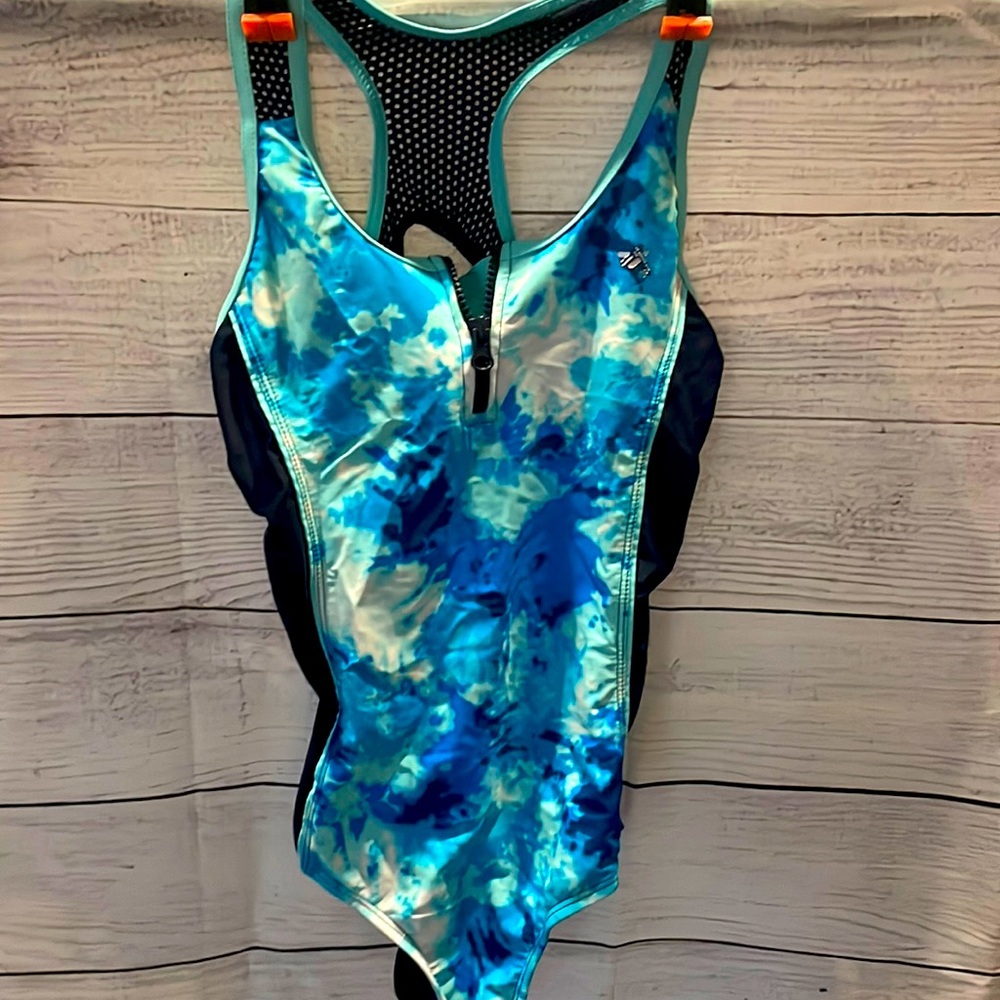 ZeroXposur tie dye Blue/White/Black one piece bathing suit